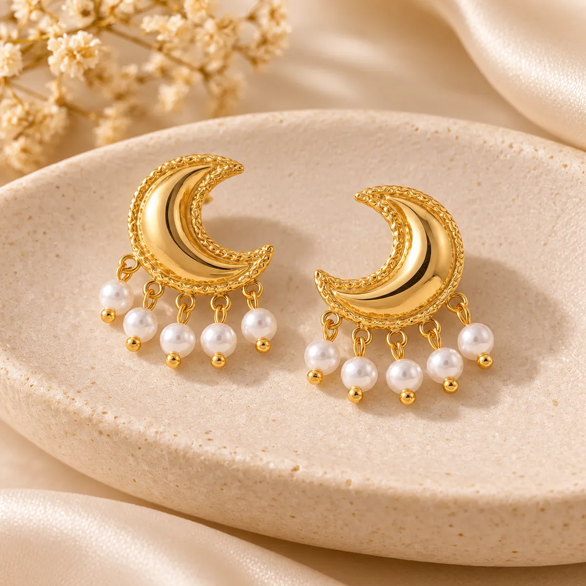 Moonlit Muse Pearl Drop Crescent Earrings – Gold Plated
